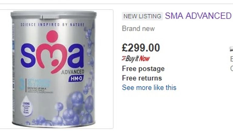 An eBay seller was offering a box of SMA baby formula for £299