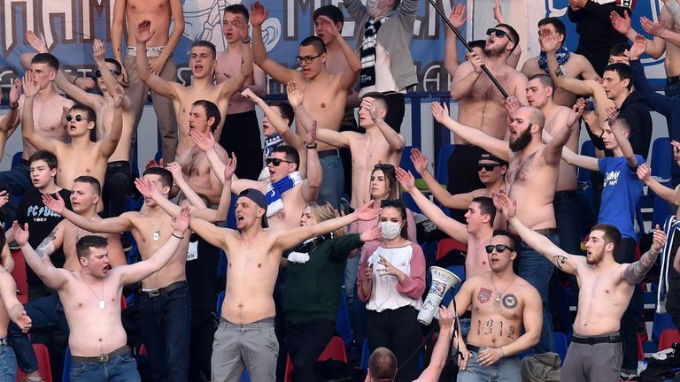 Few face masks were visible as FC Minsk fans watched their team play in Belarus