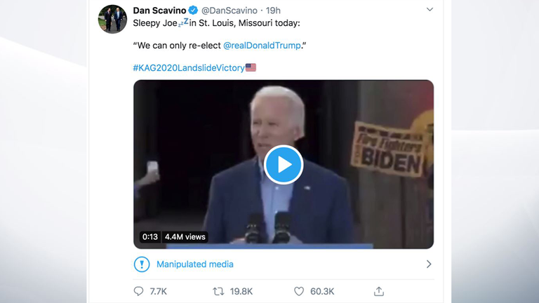 Dan Scavino tweeted the video showing Biden supposedly supporting the president. Pic: Twitter 