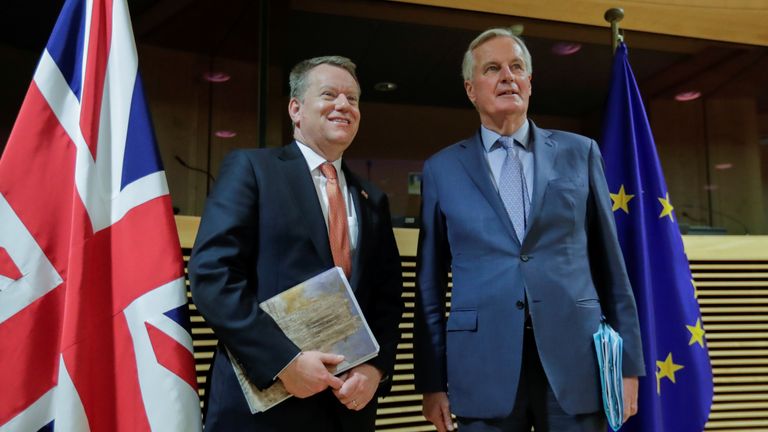 European Union chief Brexit negotiator Michel Barnier and British Prime Minister's Europe adviser David Frost are seen at start of the first round of post-Brexit trade deal talks