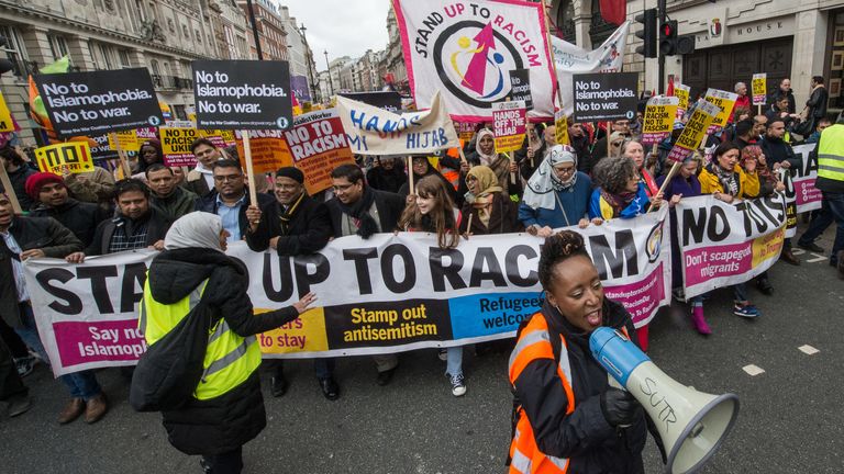LONDON, ENGLAND - MARCH 16: Tens of thousands of people join Trade unions and anti racist groups on a march through central London to mark World Anti Racism day on on March 16, 2019 in London, England. (photo by Guy Smallman / Getty Images)