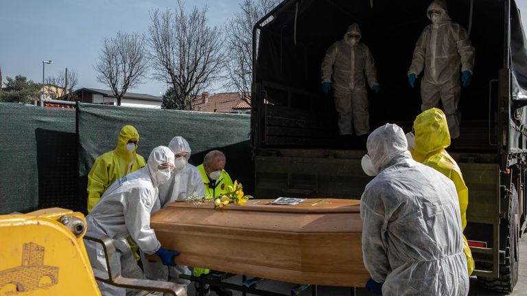 The Italian army are bringing coffins out of Bergamo in northern Italy as its morgue and crematorium struggle to cope with the number of deaths