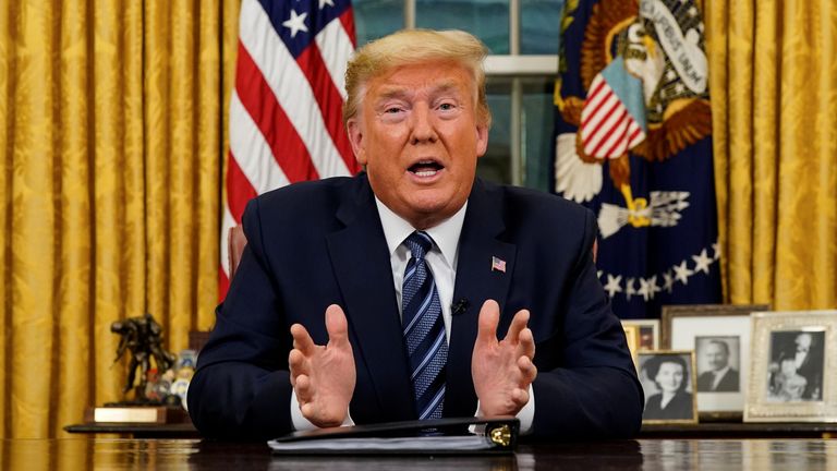 U.S. President Donald Trump speaks about the U.S response to the COVID-19 coronavirus pandemic during an address to the nation from the Oval Office of the White House in Washington, U.S., March 11, 2020. Doug Mills/Pool via REUTERS