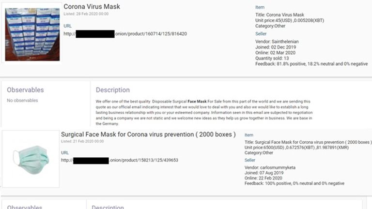 Coronavirus masks listed for sale on the dark web. Pic: Digital Shadows