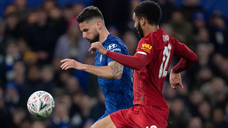 LONDON, ENGLAND - MARCH 03: Olivier Giroud of Chelsea and Joe Gomez of Liverpool during the FA Cup Fifth Round match between Chelsea FC and Liverpool FC at Stamford Bridge on March 03, 2020 in London, England. (Photo by Visionhaus)