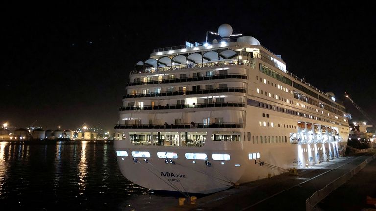 The cruise liner MV AidAmira sits at dock off the coast of Cape Town