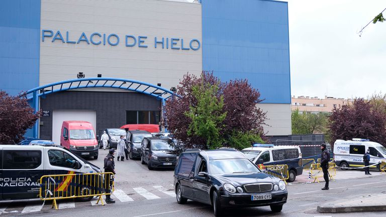 Hundreds of coronavirus victims' bodies are being stored at an ice rink in Madrid which has been turned into a temporary morgue 