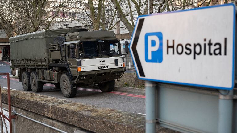 LONDON, UNITED KINGDOM - MARCH 24: A military lorry is seen as members of the 101 Logistic Brigade deliver a consignment of medical masks to St Thomas&#39; hospital on March 24, 2020 in London, England. British Prime Minister, Boris Johnson, announced strict lockdown measures urging people to stay at home and only leave the house for basic food shopping, exercise once a day and essential travel to and from work. The Coronavirus (COVID-19) pandemic has spread to at least 182 countries, claiming over 10,000 lives and infecting hundreds of thousands more. (Photo by Leon Neal/Getty Images)