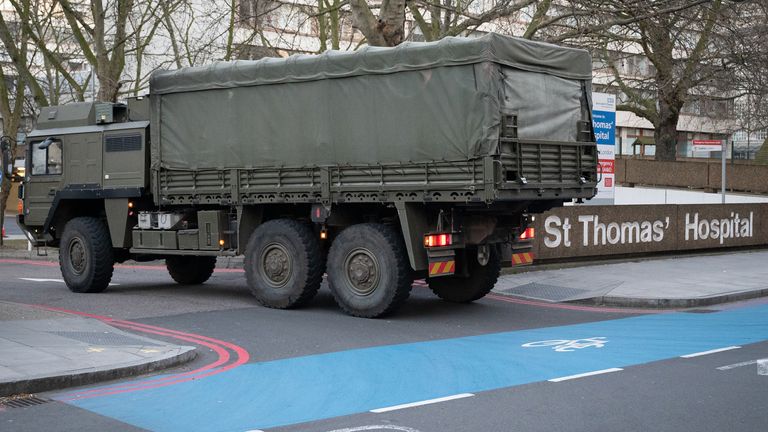 LONDON, UNITED KINGDOM - MARCH 24: Members of the 101 Logistic Brigade arrive in a military lorry to deliver a consignment of medical masks to St Thomas&#39; hospital on March 24, 2020 in London, England. British Prime Minister, Boris Johnson, announced strict lockdown measures urging people to stay at home and only leave the house for basic food shopping, exercise once a day and essential travel to and from work. The Coronavirus (COVID-19) pandemic has spread to at least 182 countries, claiming ove