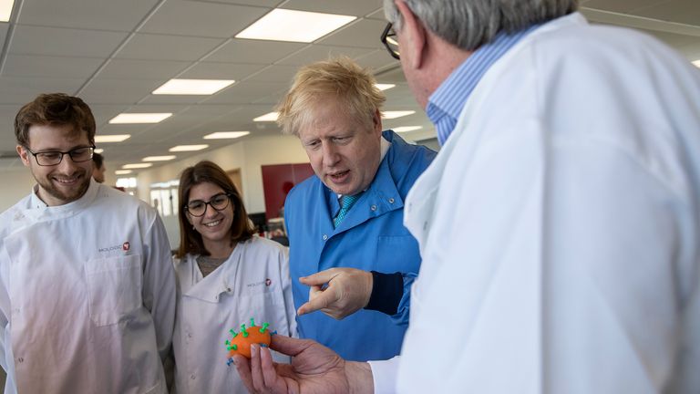 BEDFORD, ENGLAND - MARCH 06: Prime Minister Boris Johnson speaks to staff during a visit to the Mologic Laboratory in the Bedford technology Park on March 06, 2020 in Bedford, England. The Prime Minister is announcing a ..46 million funding package to help UK scientists develop testing kits and a vaccine in the fight against the Coronavirus. (Photo by Jack Hill - WPA Pool / Getty Images)