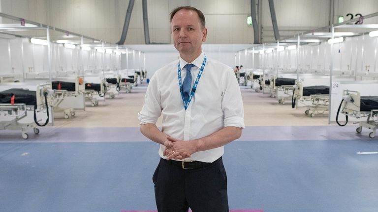 EMBARGOED TO 1530 MONDAY 30 MARCH..NHS England&#39;s chief executive Simon Stevens during a visit to the ExCel centre, London, which is being made into the temporary NHS Nightingale hospital, comprising of two wards, each of 2,000 people, to help tackle coronavirus. PA Photo. Picture date: Monday March 30, 2020. See PA story HEALTH Coronavirus. Photo credit should read: Stefan Rousseau/PA Wire