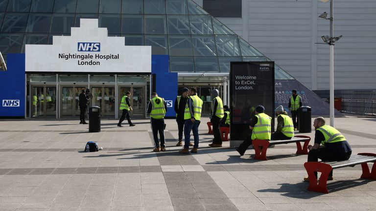 Workers are pictured outside the Excel Centre, London while it is being prepared to become the NHS Nightingale hospital as the spread of the coronavirus disease (COVID-19) continues, in East London, Britain, March 27, 2020. REUTERS/Simon Dawson