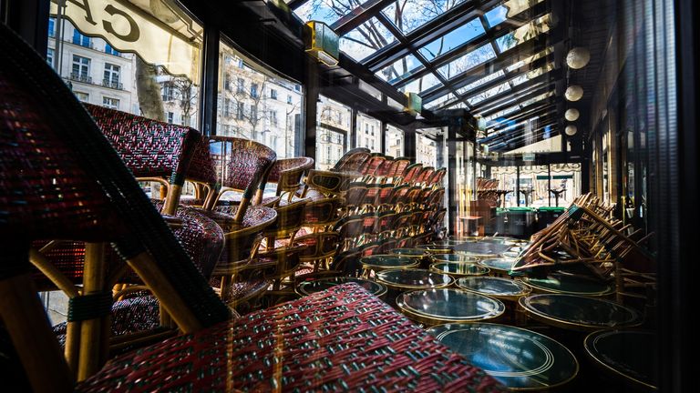 General view inside the closed cafe "Cafe de Flore", in the 6th quarter of Paris, on March 15, 2020