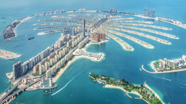 Aerial view of Dubai Palm Jumeirah island, United Arab Emirates