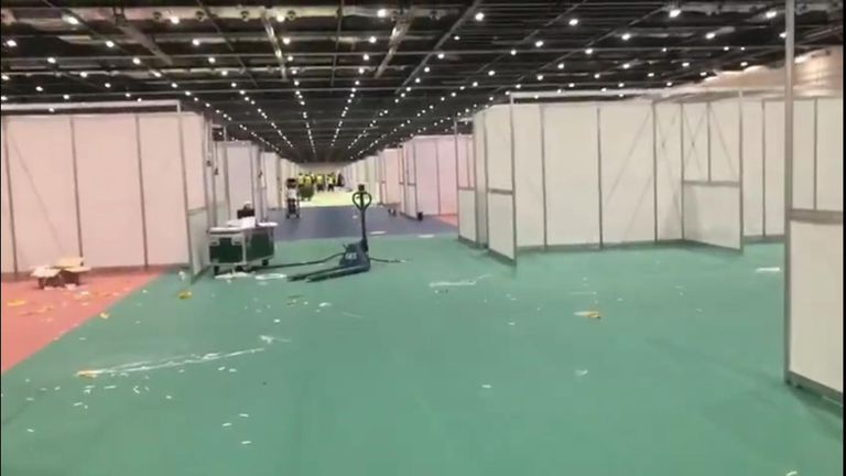 Video has emerged showing the speed of hospital bed construction going on inside the ExCeL centre in London