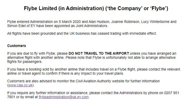 Flybe announced it had gone into administration just after 3am on Thursday