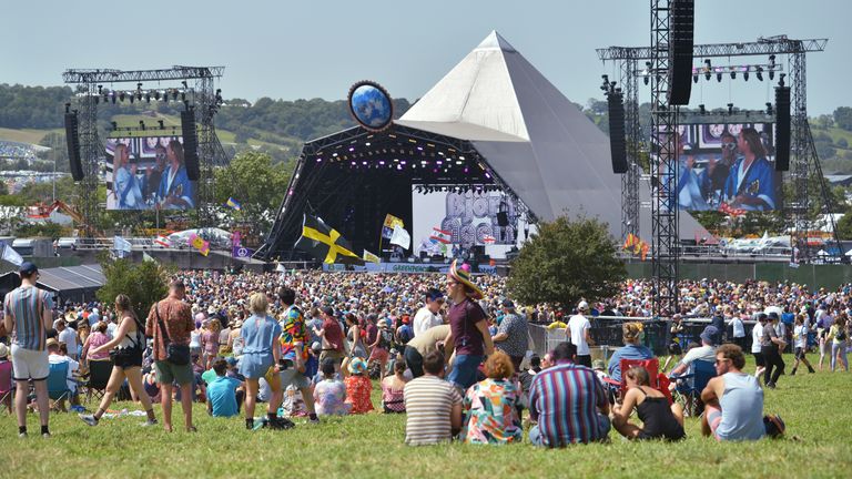 GLASTONBURY, ENGLAND - JUNE 28:  A general view of the Pyramid stage during day three of Glastonbury Festival at Worthy Farm, Pilton on June 28, 2019 in Glastonbury, England. The festival, founded by farmer Michael Eavis in 1970, is the largest greenfield music and performing arts festival in the world. Tickets for the festival sold out in just 36 minutes as it returns following a fallow year. (Photo by Jim Dyson/Getty Images)