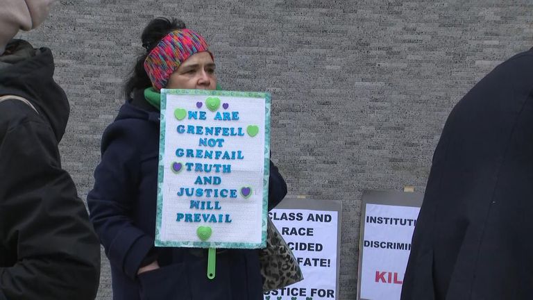 A protester outside the Grenfell inquiry 