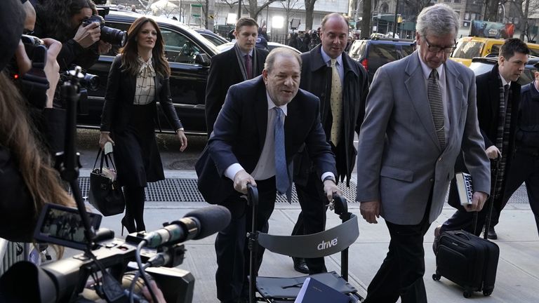 Harvey Weinstein arrives at Manhattan Criminal Court on February 24, 2020 in New York City