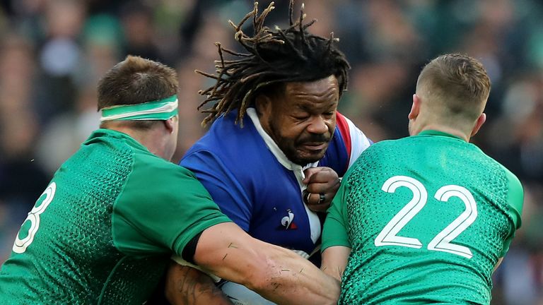 DUBLIN, IRELAND - MARCH 10: Mathieu Bastareaud of France is tackled by CJ Stander (L) and Jack Carty during the Guinness Six Nations match between Ireland and France at the Aviva Stadium on March 10, 2019 in Dublin, Ireland. (Photo by David Rogers/Getty Images)
