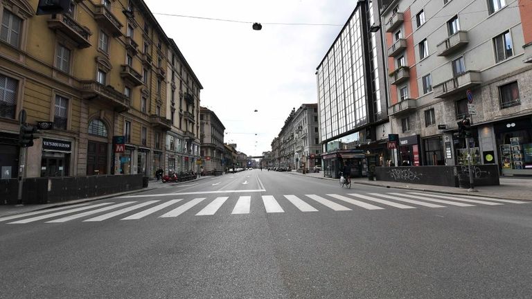 MILAN, ITALY - MARCH 15: The Deserted streets are seen in the six-day of an unprecedented lockdown across all Italy, imposed to slow the outbreak of coronavirus on March 15, 2020 in Milan, Italy. (Photo by Fabio Iona/Corbis via Getty Images)