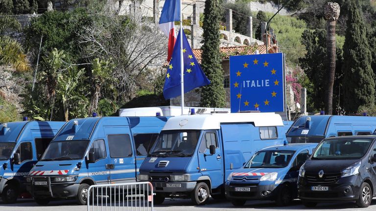 Police vehicles at the French-Italian border check-point in Menton, France