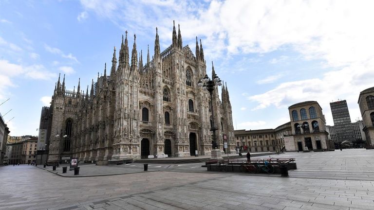 MILAN, ITALY - MARCH 15: The Deserted streets are seen in the six-day of an unprecedented lockdown across all Italy, imposed to slow the outbreak of coronavirus on March 15, 2020 in Milan, Italy. (Photo by Fabio Iona/Corbis via Getty Images)