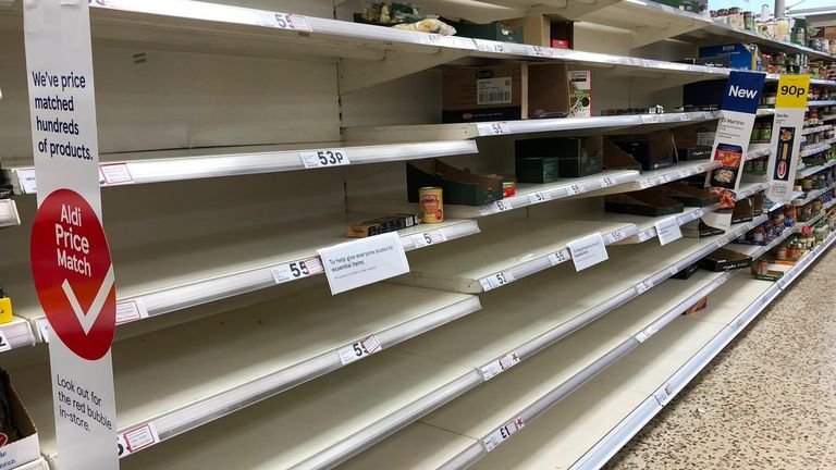 Empty shelves in the pasta aisle of Tesco on Sunday