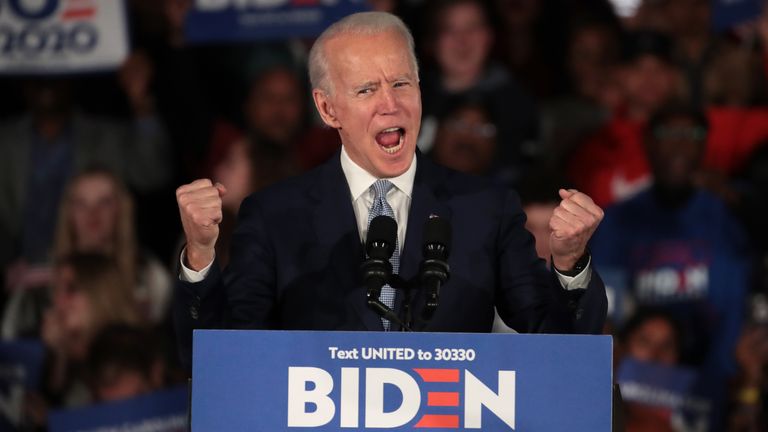COLUMBIA, SOUTH CAROLINA - FEBRUARY 29: Democratic presidential candidate former Vice President Joe Biden celebrates with his supporters after declaring victory at an election-night rally at the University of South Carolina Volleyball Center on February 29, 2020 in Columbia, South Carolina. The next big contest for the Democratic candidates will be Super Tuesday on March 3, when 14 states and American Samoa go to the polls. (Photo by Scott Olson/Getty Images)