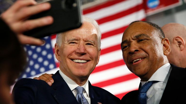 Democratic U.S. presidential candidate and former Vice President Joe Biden takes a picture with a supporter 