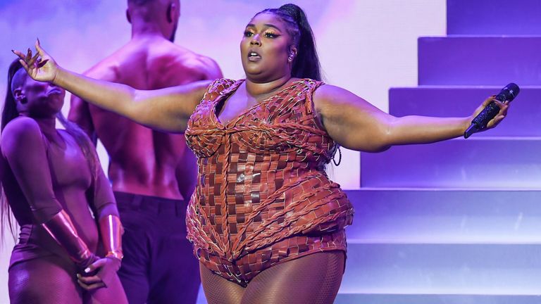 Lizzo on stage at the Brits 2020