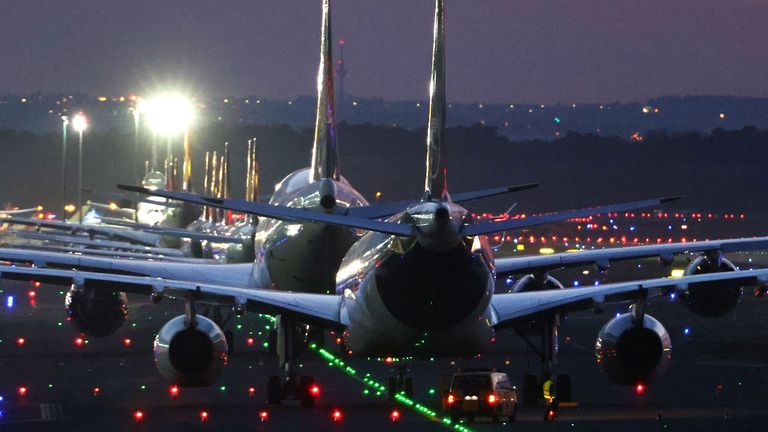 Planes of German carrier Lufthansa are parked at the airport as air traffic is effected by the spread of the coronavirus disease (COVID-19) in Frankfurt, Germany, March 16, 2020