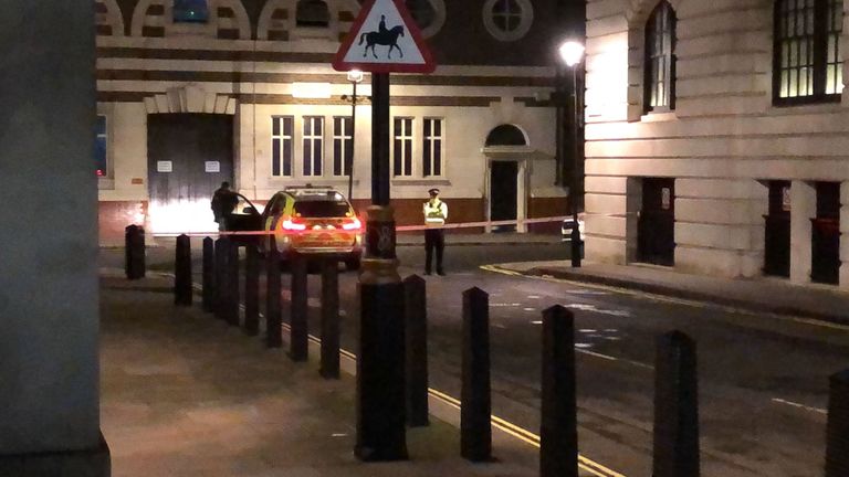 A police cordon in Westminster after a man brandishing knives was shot dead by police on Sunday night