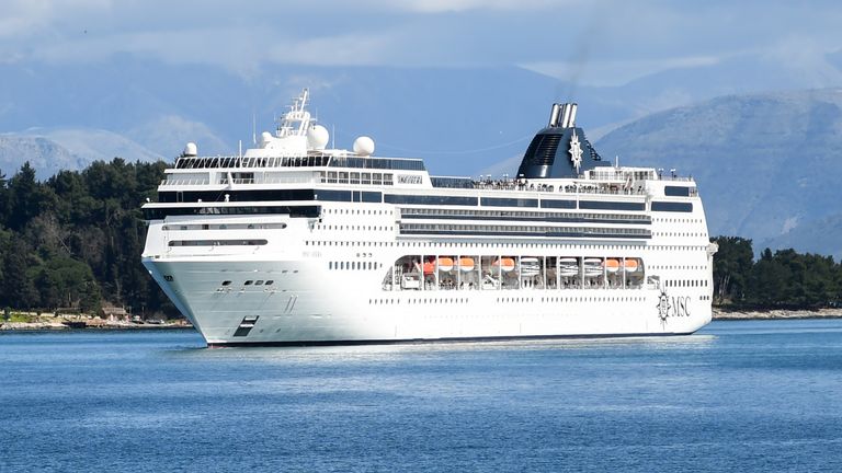 The MSC Opera cruise ship approaches the port of the island of Corfu