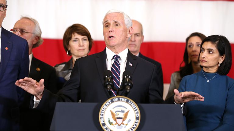 Vice President Mike Pence visits Washington on Thursday afternoon to meet with Gov. Jay Inslee on March 5, 2020 in Joint Base Lewis McChord, Washington