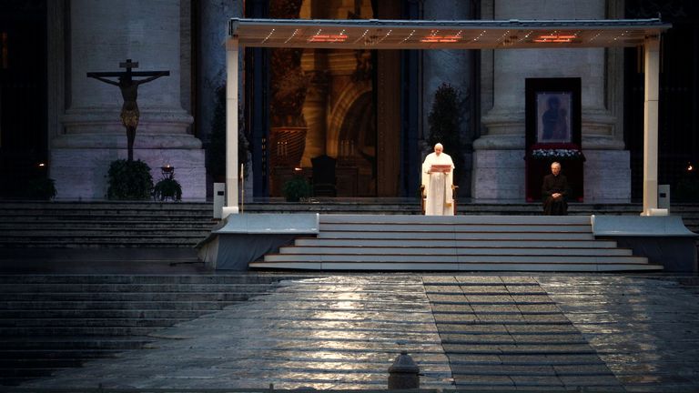Pope delivers prayer in empty St Peter&#39;s Square