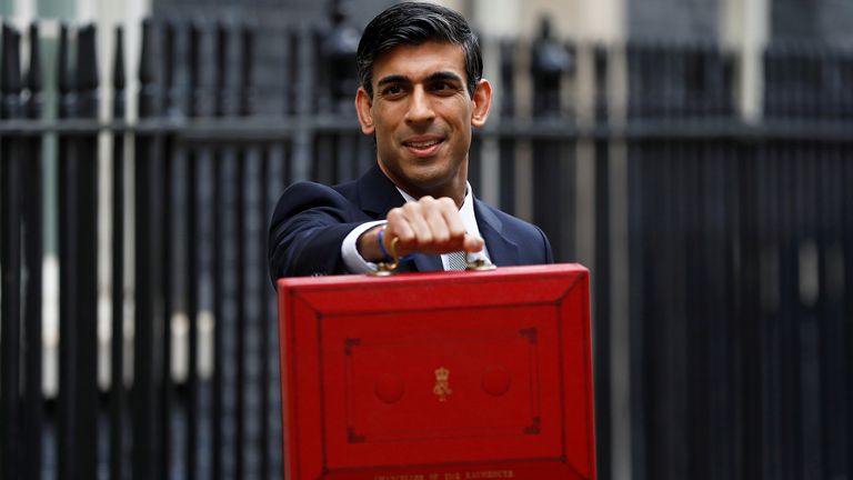 Chancellor of the Exchequer Rishi Sunak poses with the red budget box outside his office in Downing Street in London, Britain March 11, 2020. REUTERS/Henry Nicholls