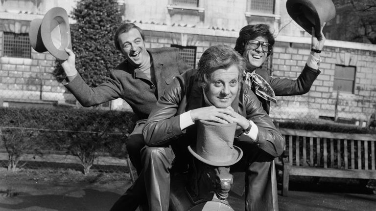 Roy Hudd (L) poses with British entertainers Danny La Rue (C) and Lionel Blair in 1970