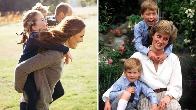 William and Kate with George and Charlotte (left), and Princess Diana with Prince William and Prince Harry (right)