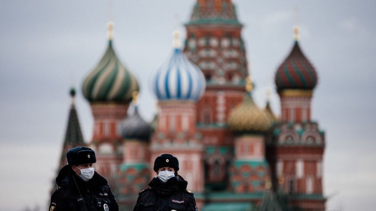 Russian police officers patrol in Moscow