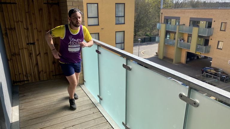 Sam Hustler runs a half marathon on his balcony to raise money for a children&#39;s hospice while self-isolating