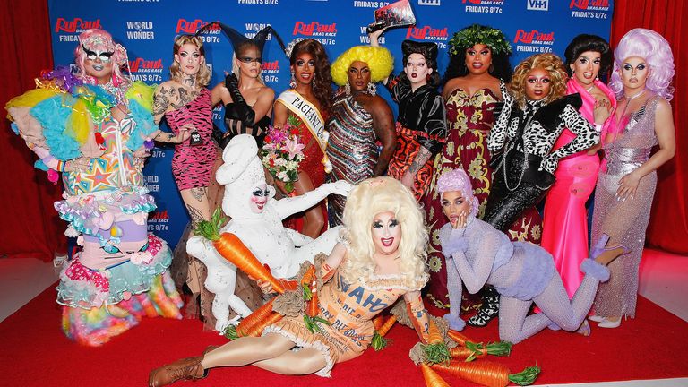 The cast of the twelfth season of RuPaul&#39;s Drag Race are seen at TRL Studios in February