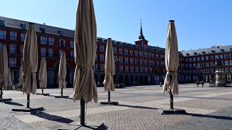 Restaurants are closed in the usually overcrowded Plaza Mayor in central Madrid