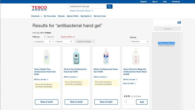 Supermarket Tesco has sold out of several anti-bacterial hand sanitisers online.