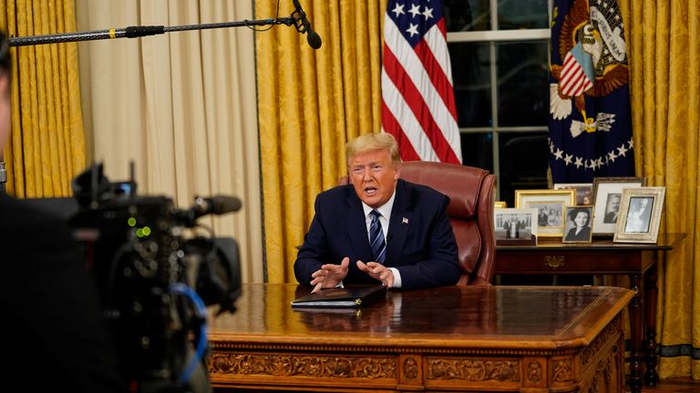 U.S. President Trump speaks about the U.S response to the COVID-19 coronavirus pandemic during an address to the nation.