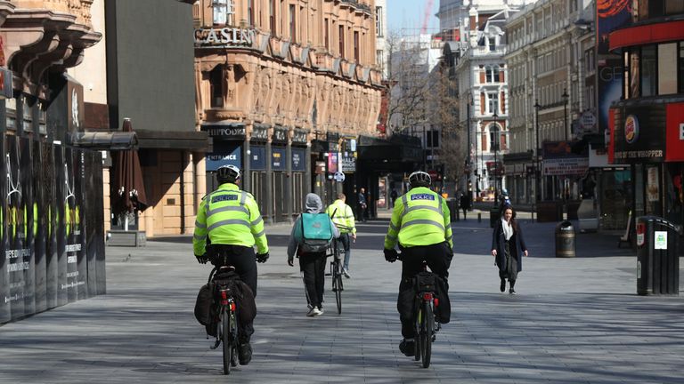 Metropolitan Police patrolling on bicycles in Leicester Square, London, after Prime Minister Boris Johnson has put the UK in lockdown to help curb the spread of the coronavirus. PA Photo. Picture date: Wednesday March 25, 2020. See PA story HEALTH Coronavirus. Photo credit should read: Jonathan Brady/PA Wire
