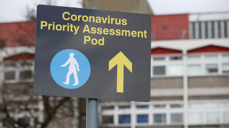A sign outside Watford General Hospital relating to the Coronavirus pandemic.