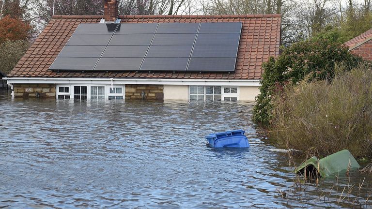 Flood water surrounds houses and properties in Snaith, northern England