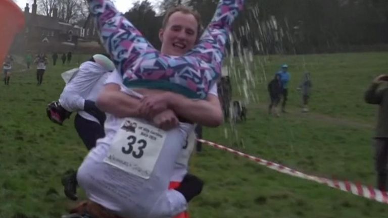 Competitive couples took part in the 13th annual UK Wife-Carrying Championships, completing for a barrel of beer.