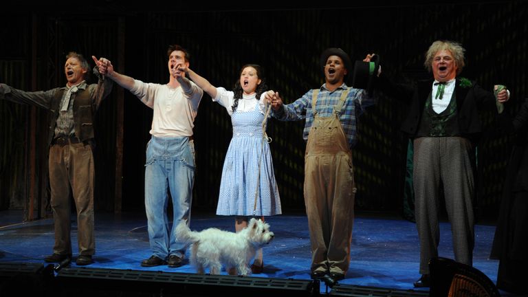 (L-R) Hilton McCrae, Adam Cooper, Sian Brooke, Gary Wilmot and Roy Hudd take their curtain call on the opening night of The Wizard of Oz at the Royal Festival Hall in 2008